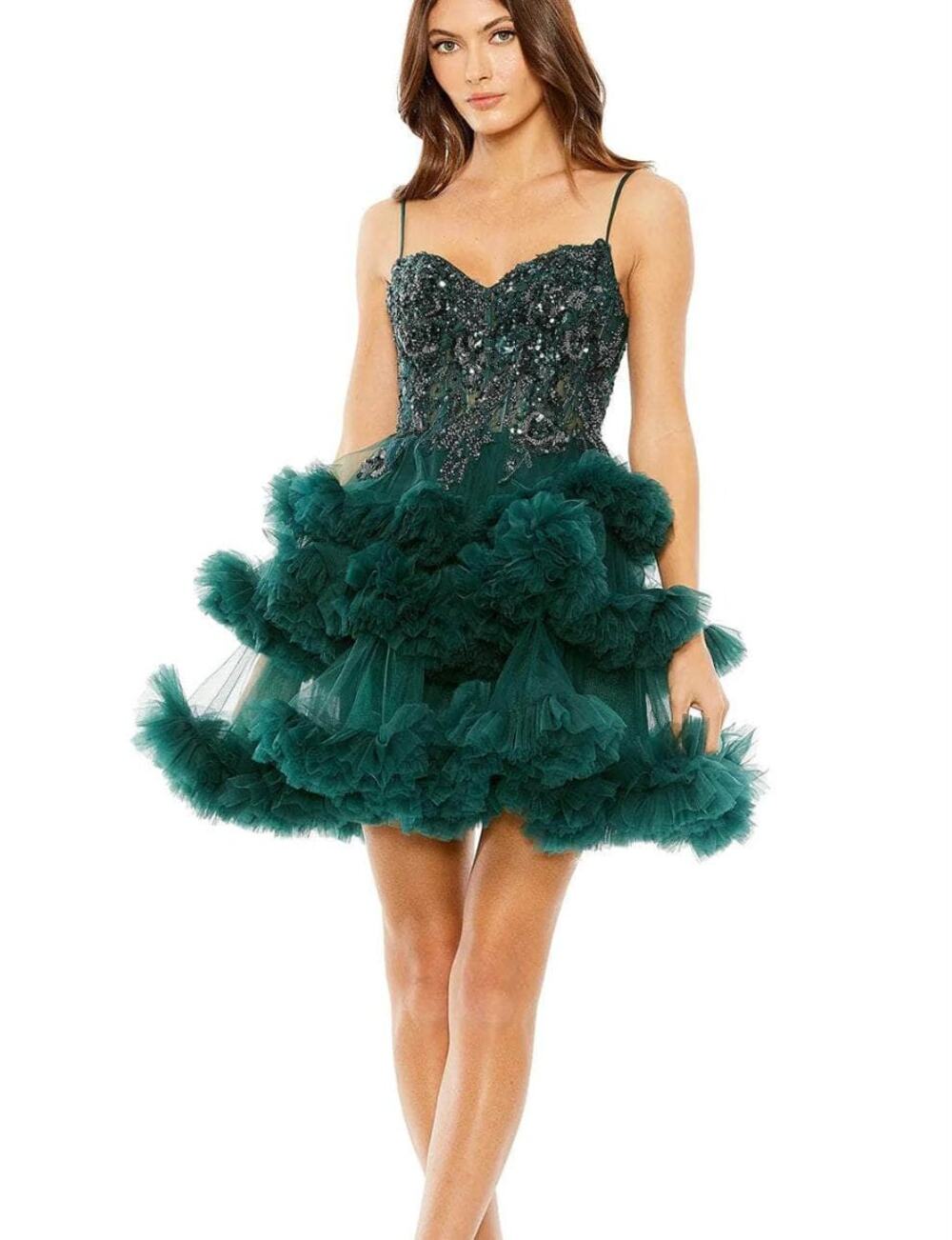 Mac Duggal Nwt Cocktail Dress Green Tulle Tiered Skirt Embellished Festive Sz 2